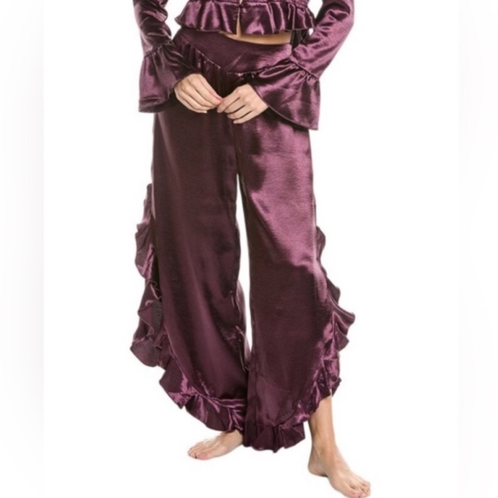 Free People Chasing Love Ruffle Satin Pajama pants in Purple Plum small new - Picture 2 of 2